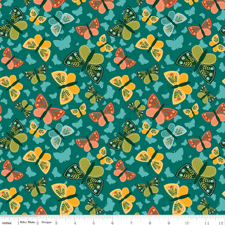 Folk Floral Butterflies Jade