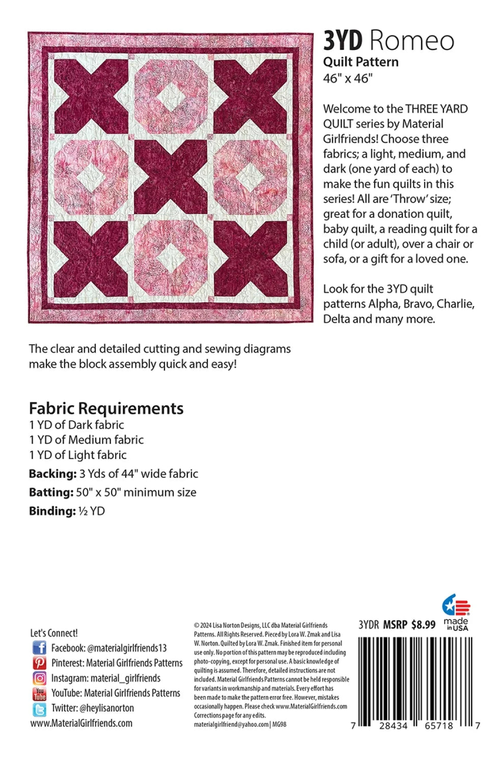 3yd Romeo Quilt Pattern