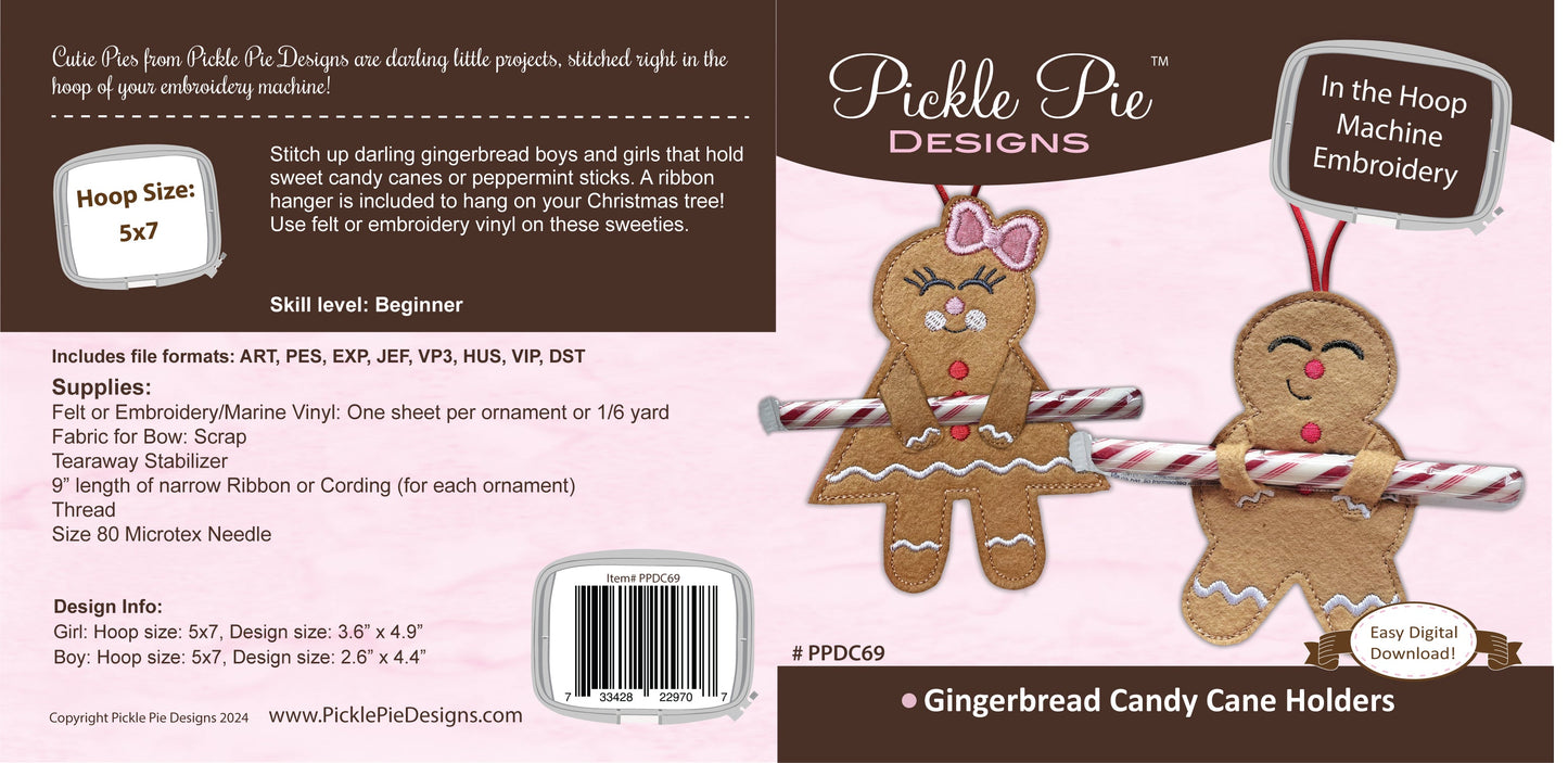 Gingerbread Candy Cane Holders In the Hoop Machine Embroidery Design