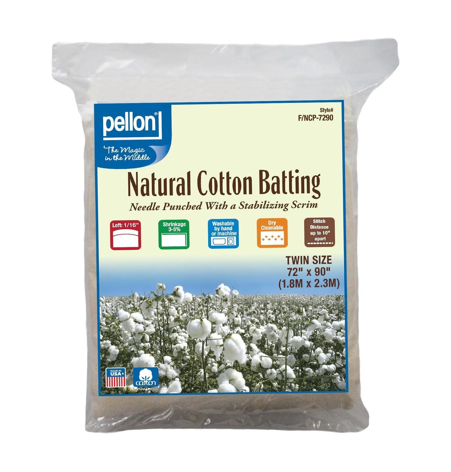 Pellon® Natural Cotton Batting With Scrim 72" x 90" Twin Size Package.