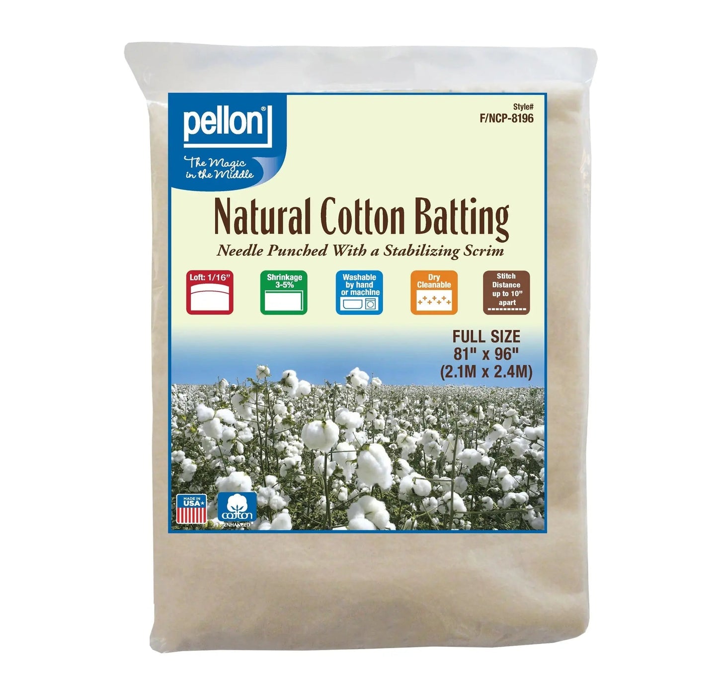 Pellon® Natural Cotton Batting With Scrim 81" x 96" Full Size Package.