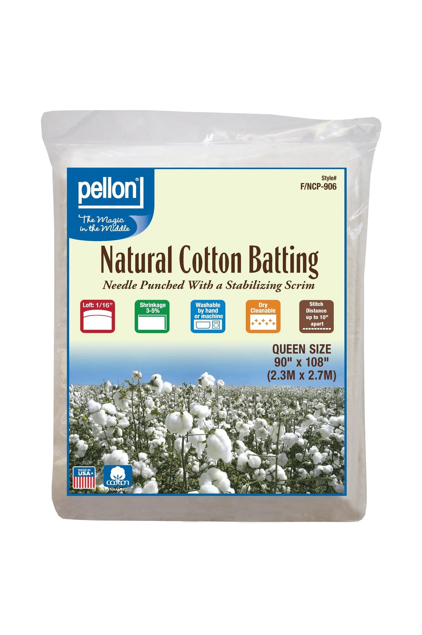 Pellon® Natural Cotton Batting With Scrim 90" x 108" Queen Size Package.