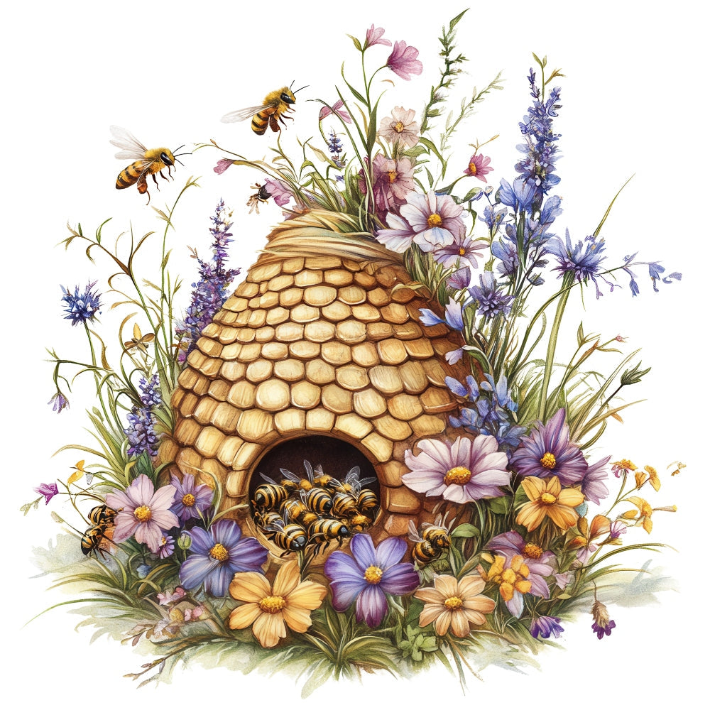 Rustic Beehive with Flowers Fabric Panel 33