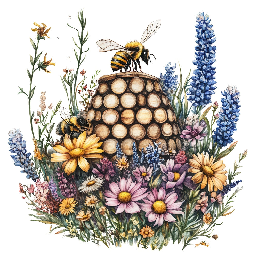 Rustic Beehive with Flowers Fabric Panel 34
