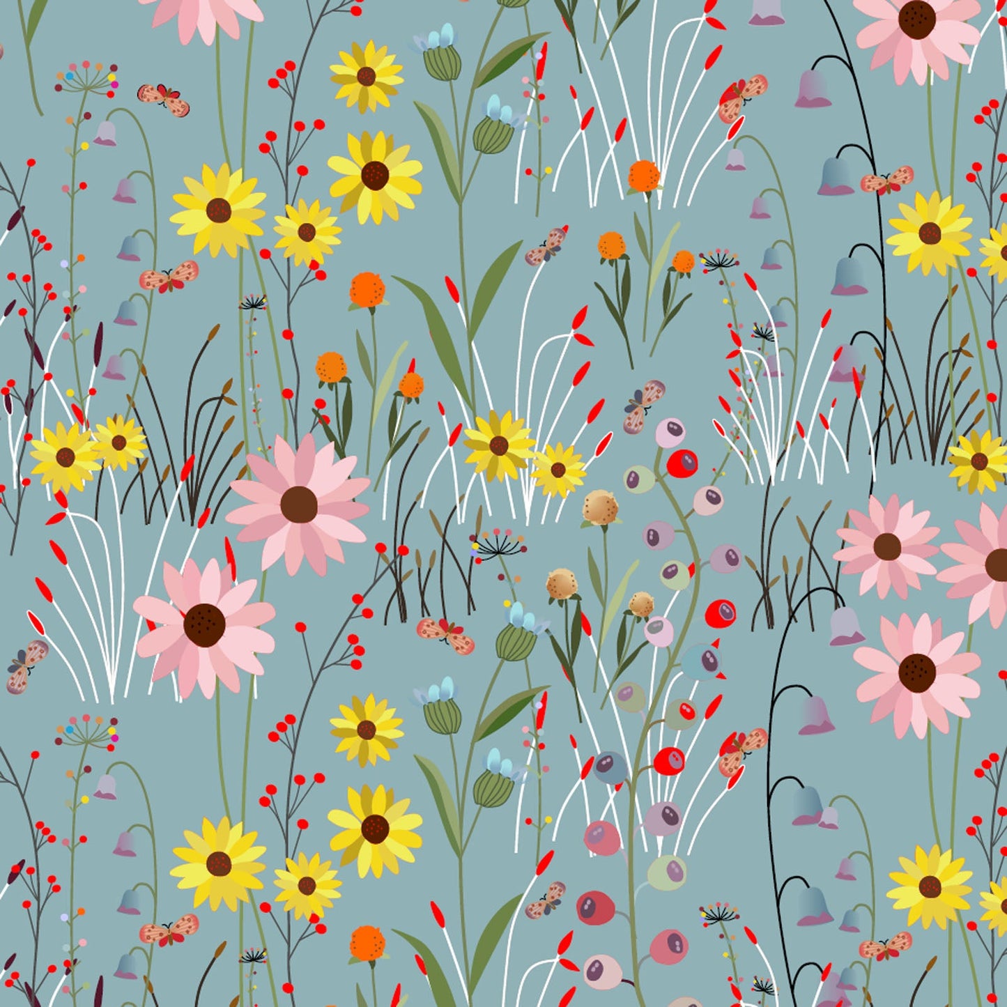 Powder Blue Over The Hill View 43"/44" Cotton Fabric Per Yard