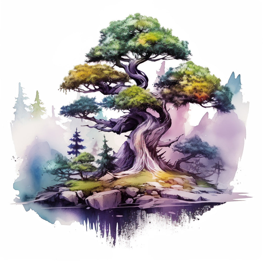 Watercolor Bonsai Tree Fabric Panel 3