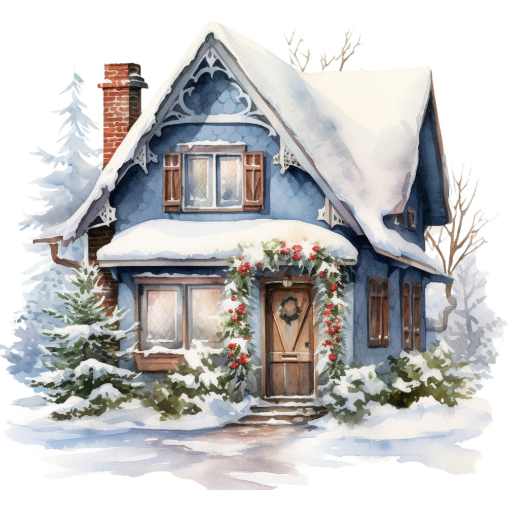 Watercolor Winter Houses Fabric Panel 43