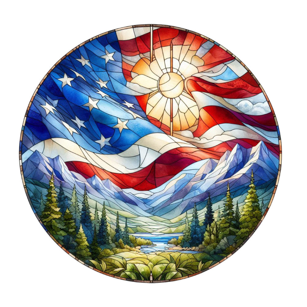 Round Stained Glass Patriotic Fabric Panel 19