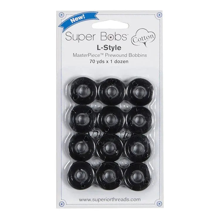 Super Bobs Cotton #161 Raven (L Style) 12 pack pre-wound bobbins