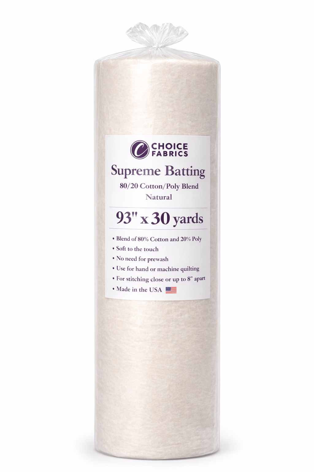 Choice Supreme Batting - 80/20 Cotton/Poly Blend - 30 Yard Roll (93" x 30yds)