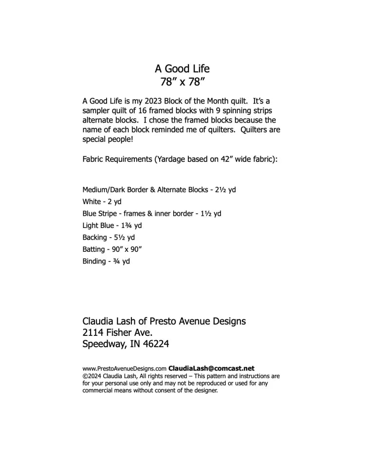 A Good Life  Quilt Pattern