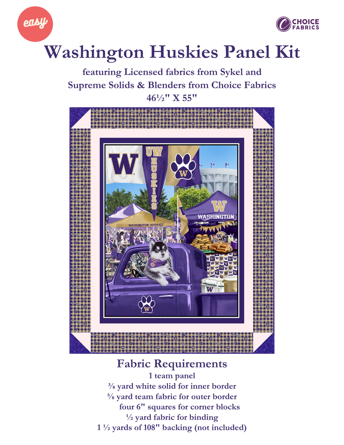 Washington Huskies - Tailgate Panel - Quilt Kit | Batting Included