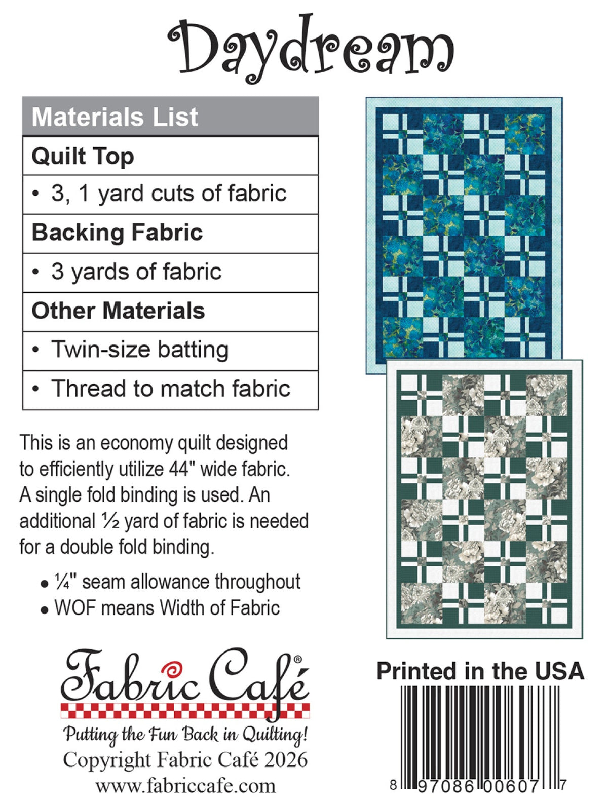 Daydream Individual 3-Yard Pattern Quilt Pattern