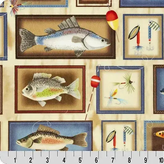 Multi Tan Gone Fishing Digital Cuddle Fabric per yard