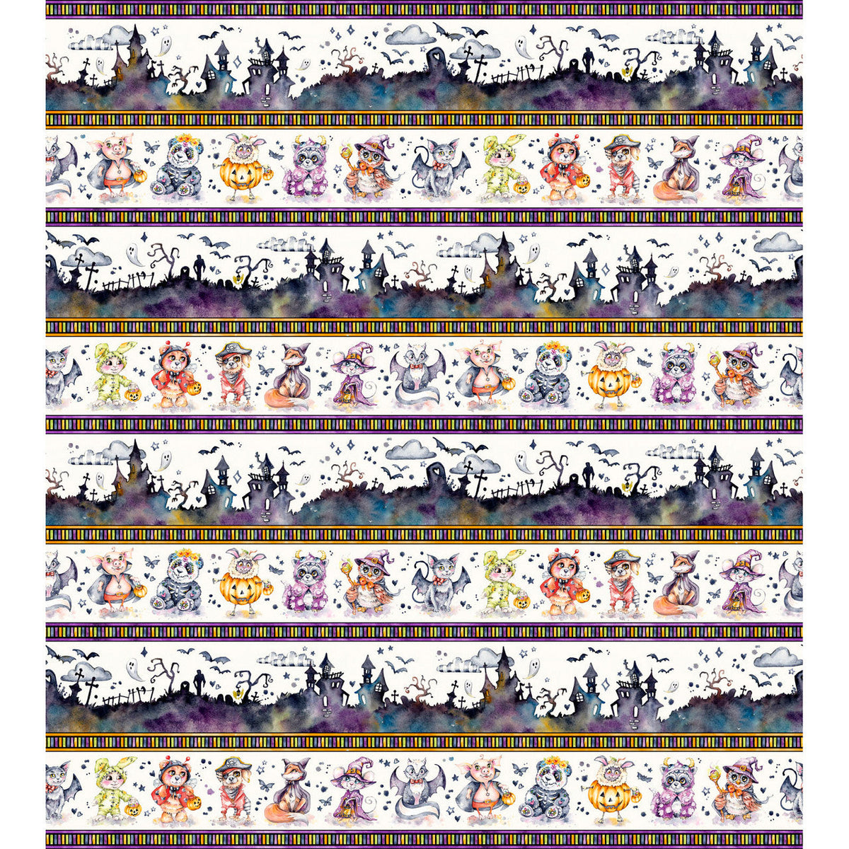 Spooky Scene Border Stripe Multi Cotton 44"/45" Fabric Per Yard