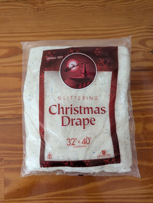 Sparkl-Tex Glittering Christmas Drape from Union Wadding Company - 1980s Holiday Decor (Cotton/Polyester Batting, Glitter Christmas Drape / Tree Skirt, Vintage, Retro, White, Multi-color glitter)