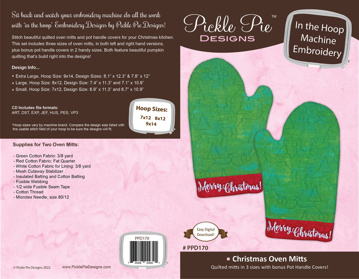 Christmas Oven Mitts In the Hoop Machine Embroidery Design Set