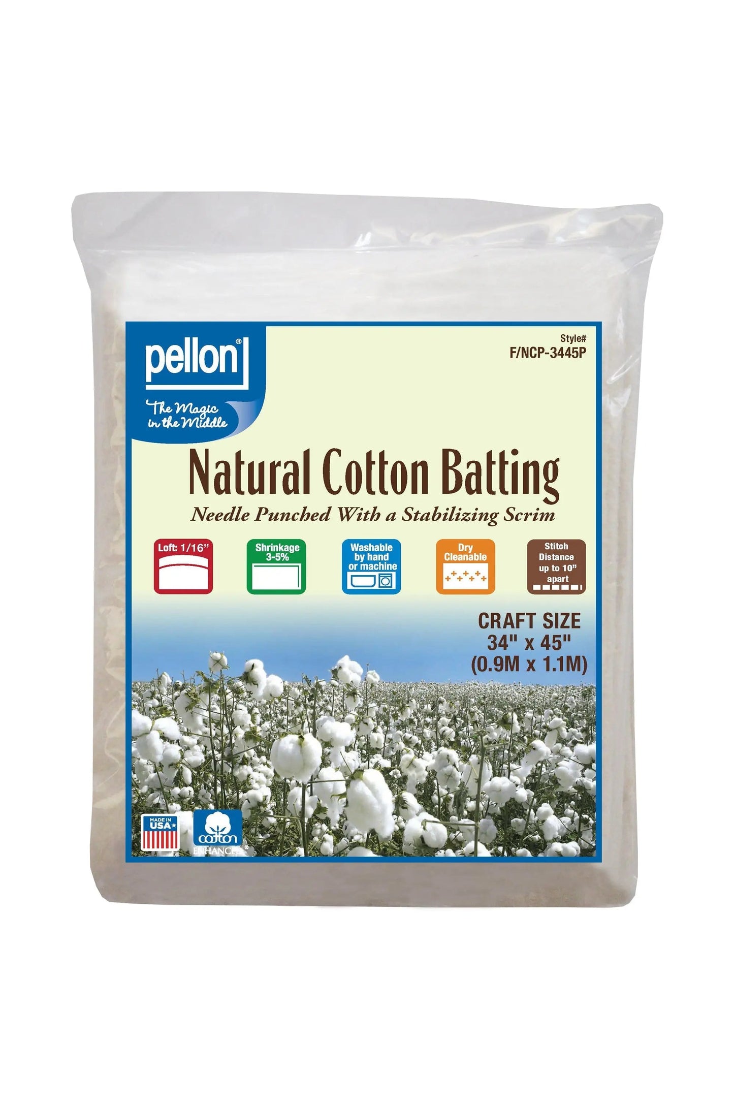 Pellon® Natural Cotton Batting With Scrim  34" x 45" Craft Size Package.