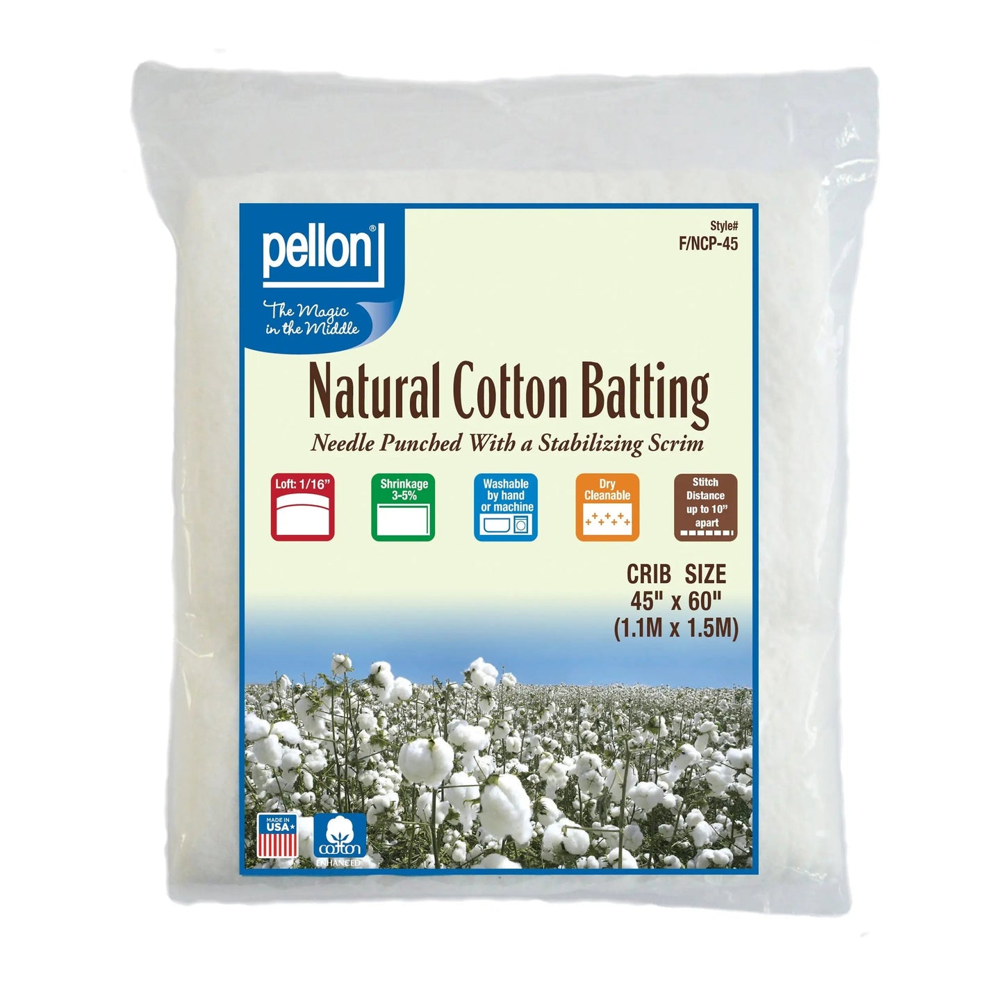 Pellon® Natural Cotton Batting With Scrim  45" x 60" Crib Size Package.