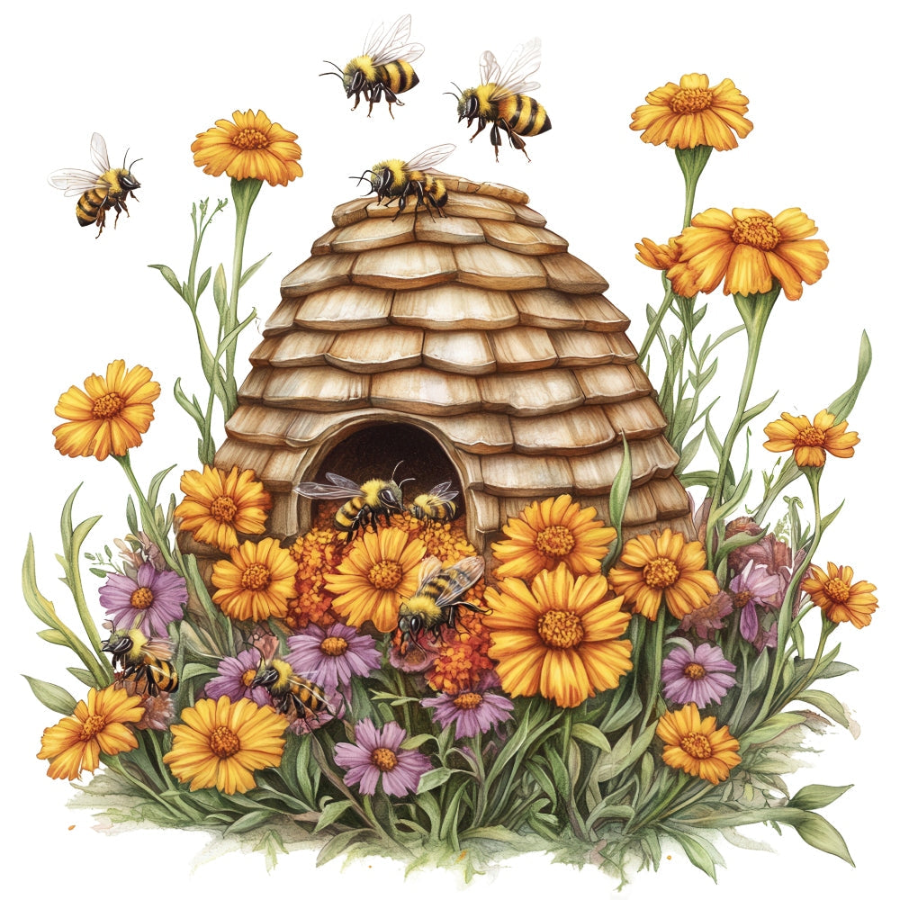 Rustic Beehive with Flowers Fabric Panel 23