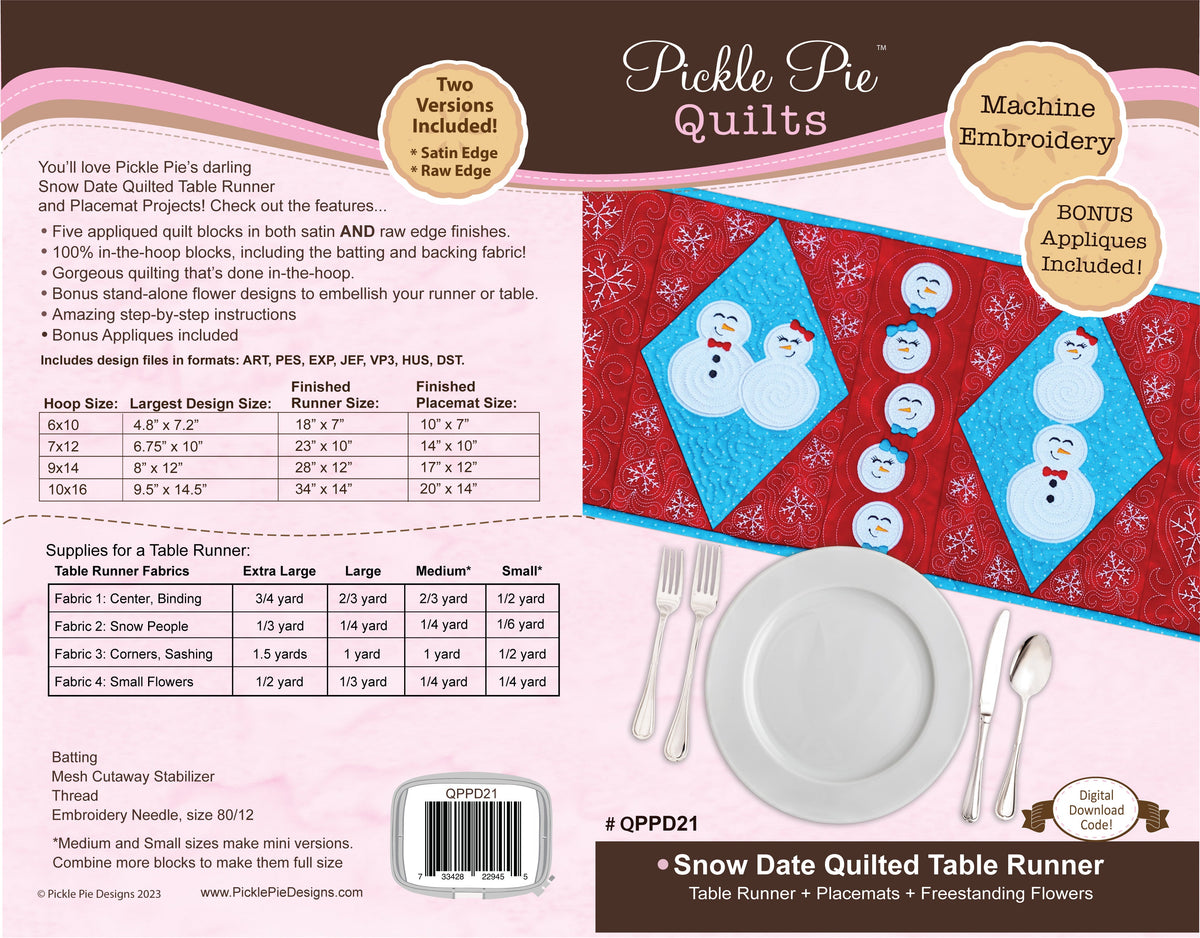 Snow Date Quilt Table Runner In the Hoop Machine Embroidery Design Set