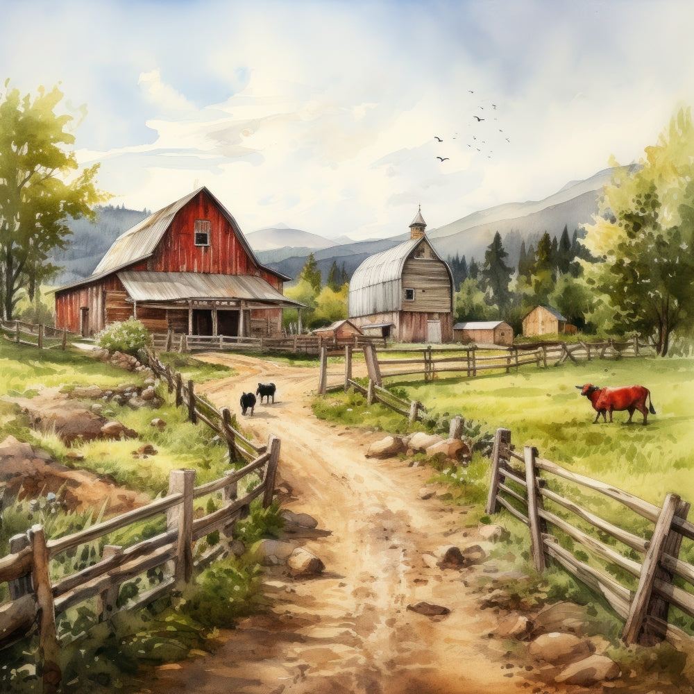 Watercolor Farm Life Fabric Panel 2