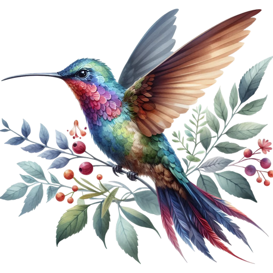 Watercolor Hummingbird Floral Fabric Panel 18