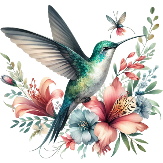 Watercolor Hummingbird Floral Fabric Panel 23