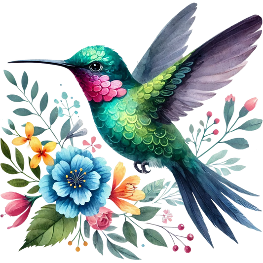 Watercolor Hummingbird Floral Fabric Panel 33