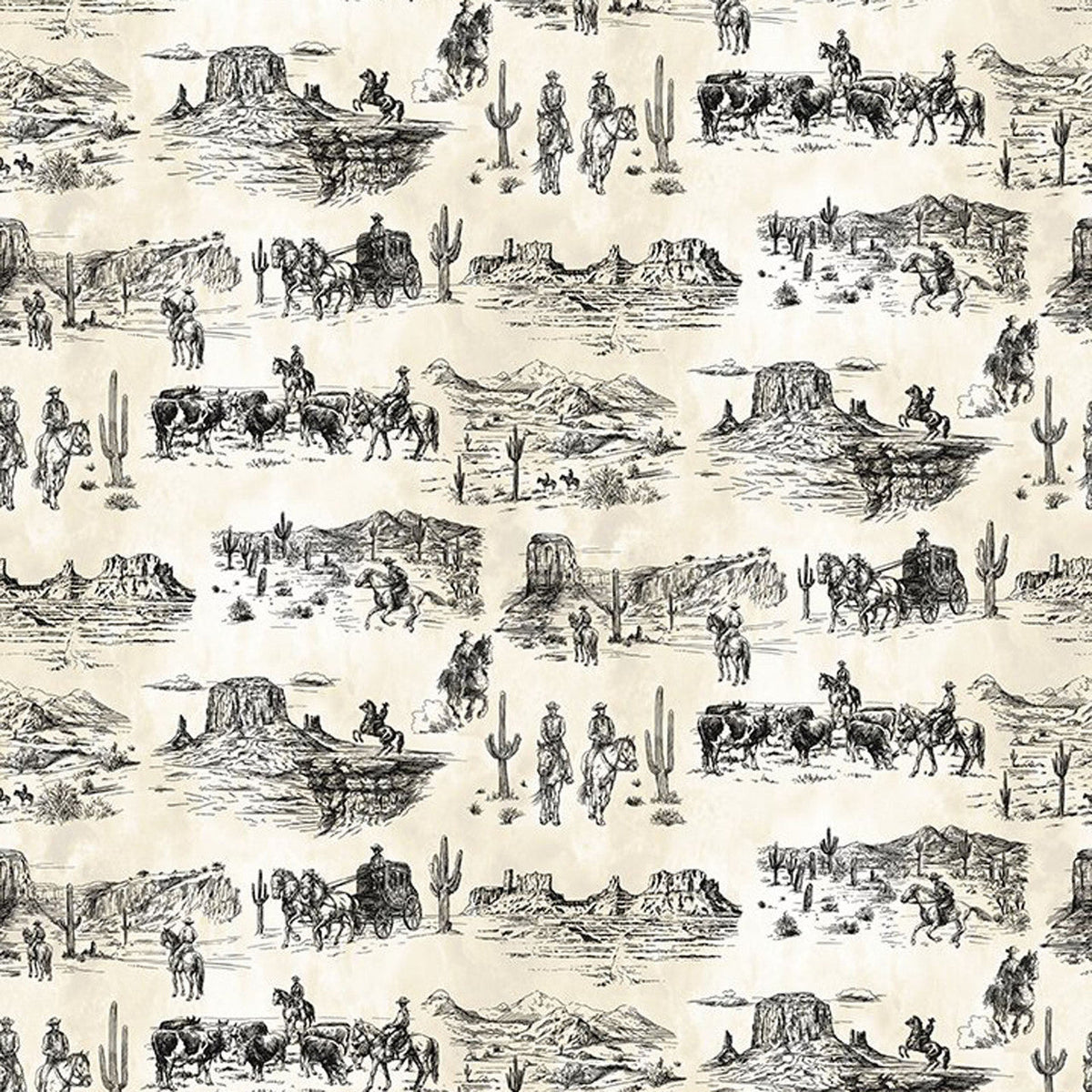 White & Cream Southwest Minis Toile 44/45" Cotton Fabric Per Yard