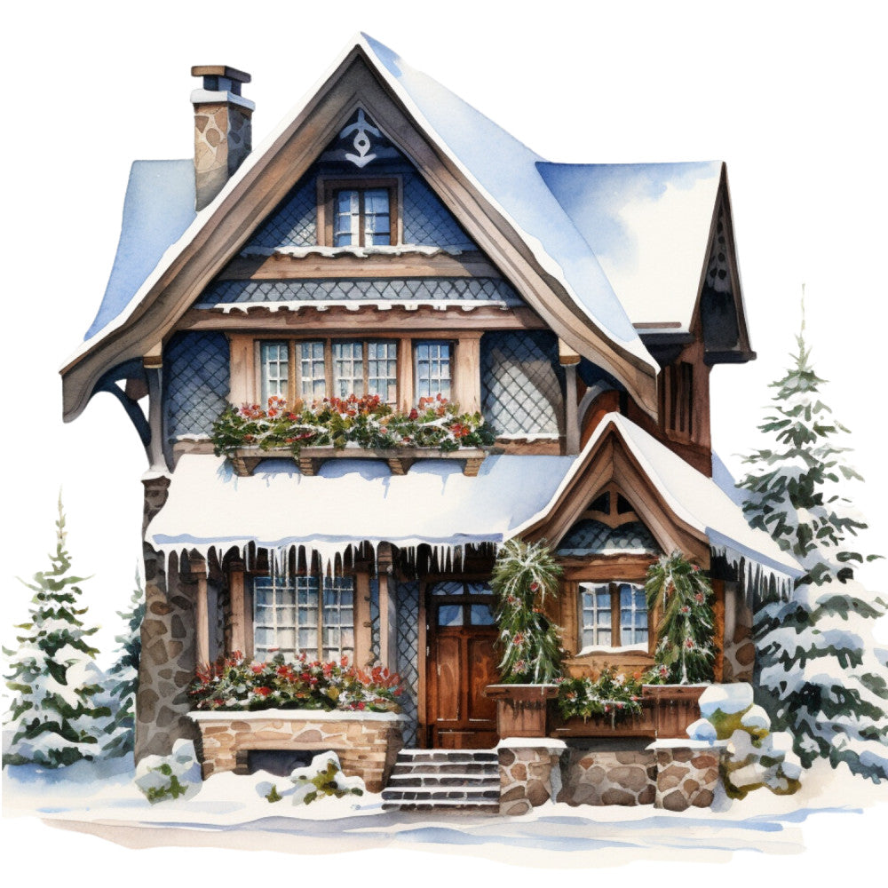 Watercolor Winter Houses Fabric Panel 39