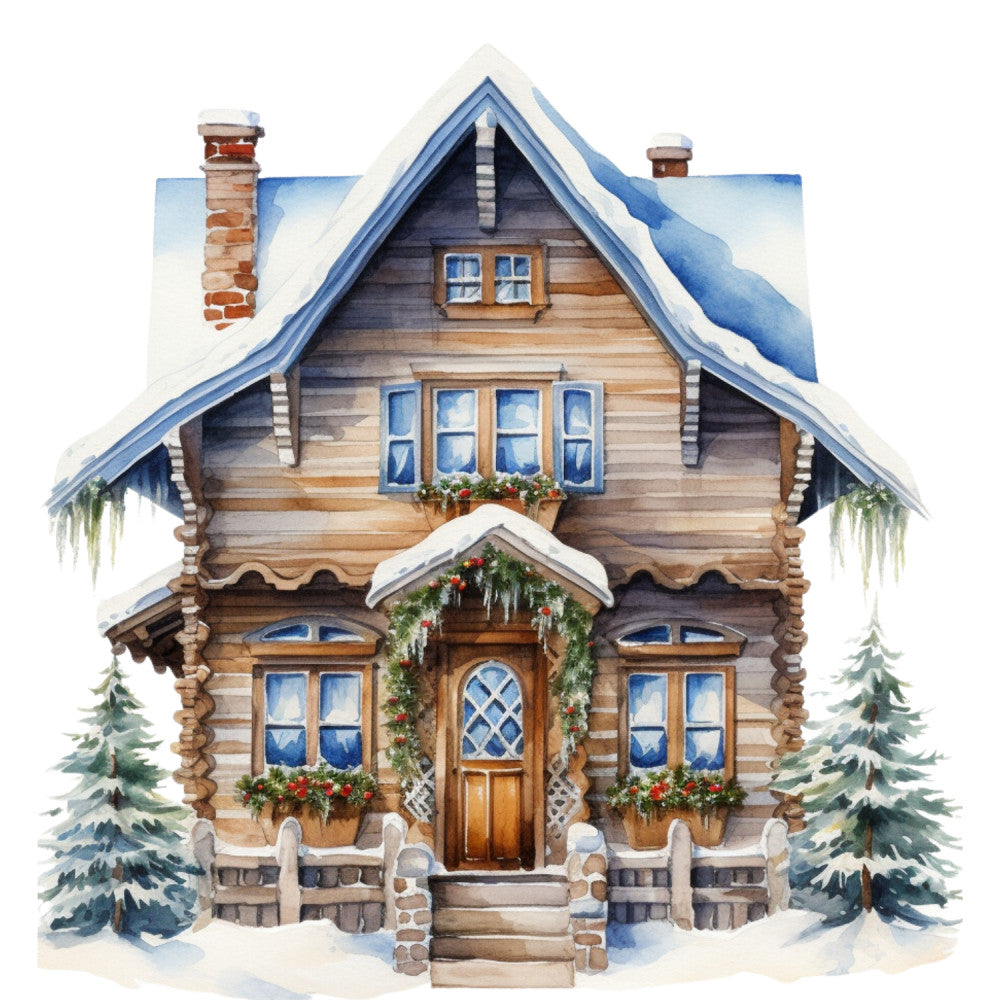 Watercolor Winter Houses Fabric Panel 32