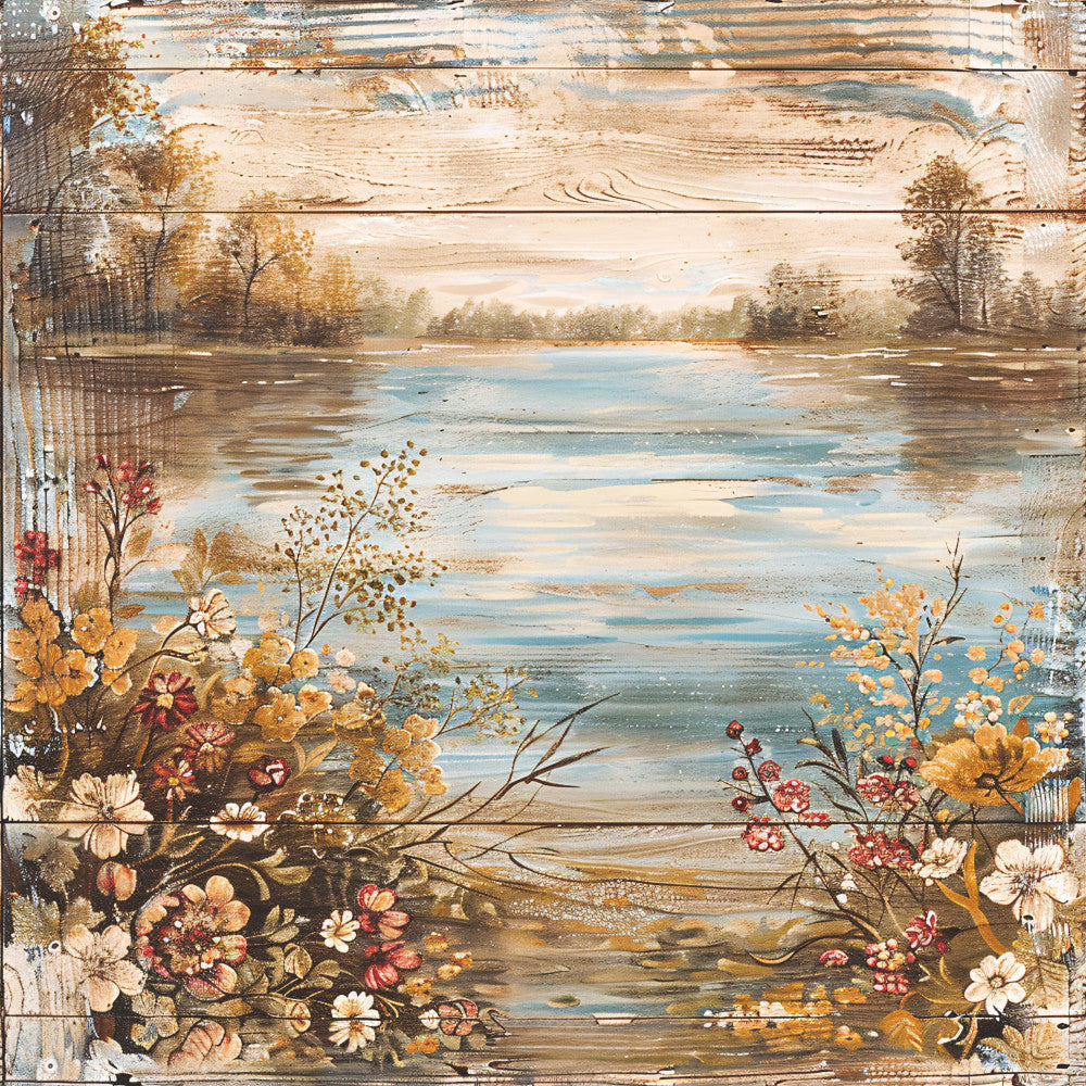 Lake on Rustic Wood Fabric Panel 14