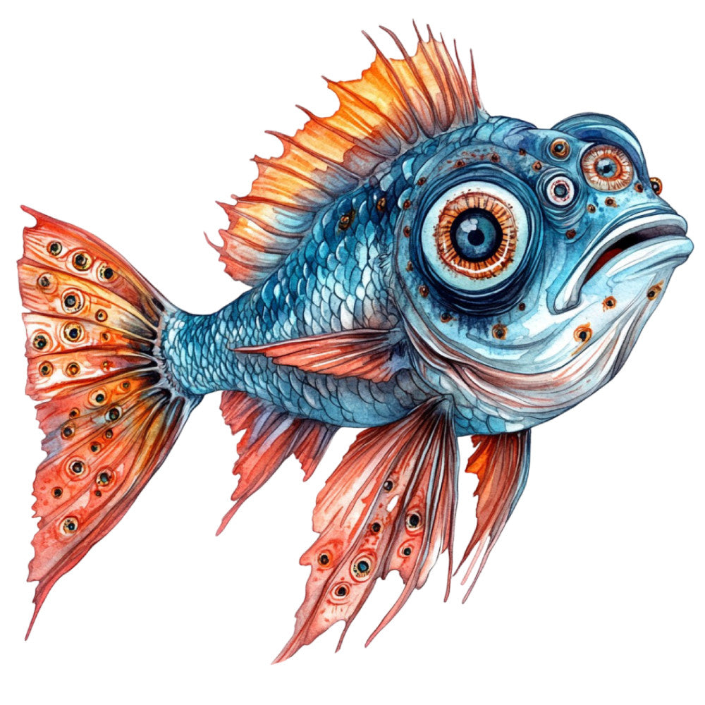 Watercolor Scary Fish Fabric Panel 7