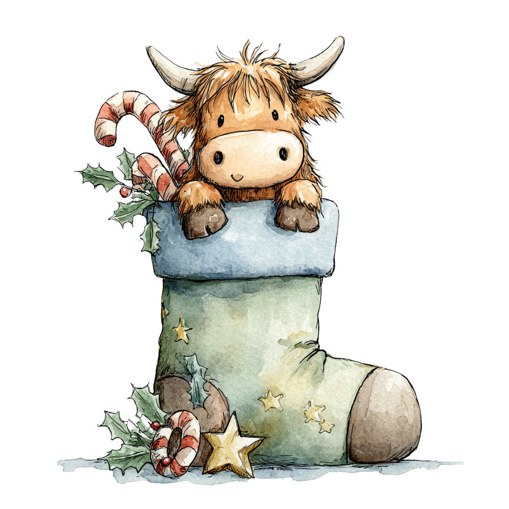 Vintage Christmas Highland Cows Fabric Panel 13