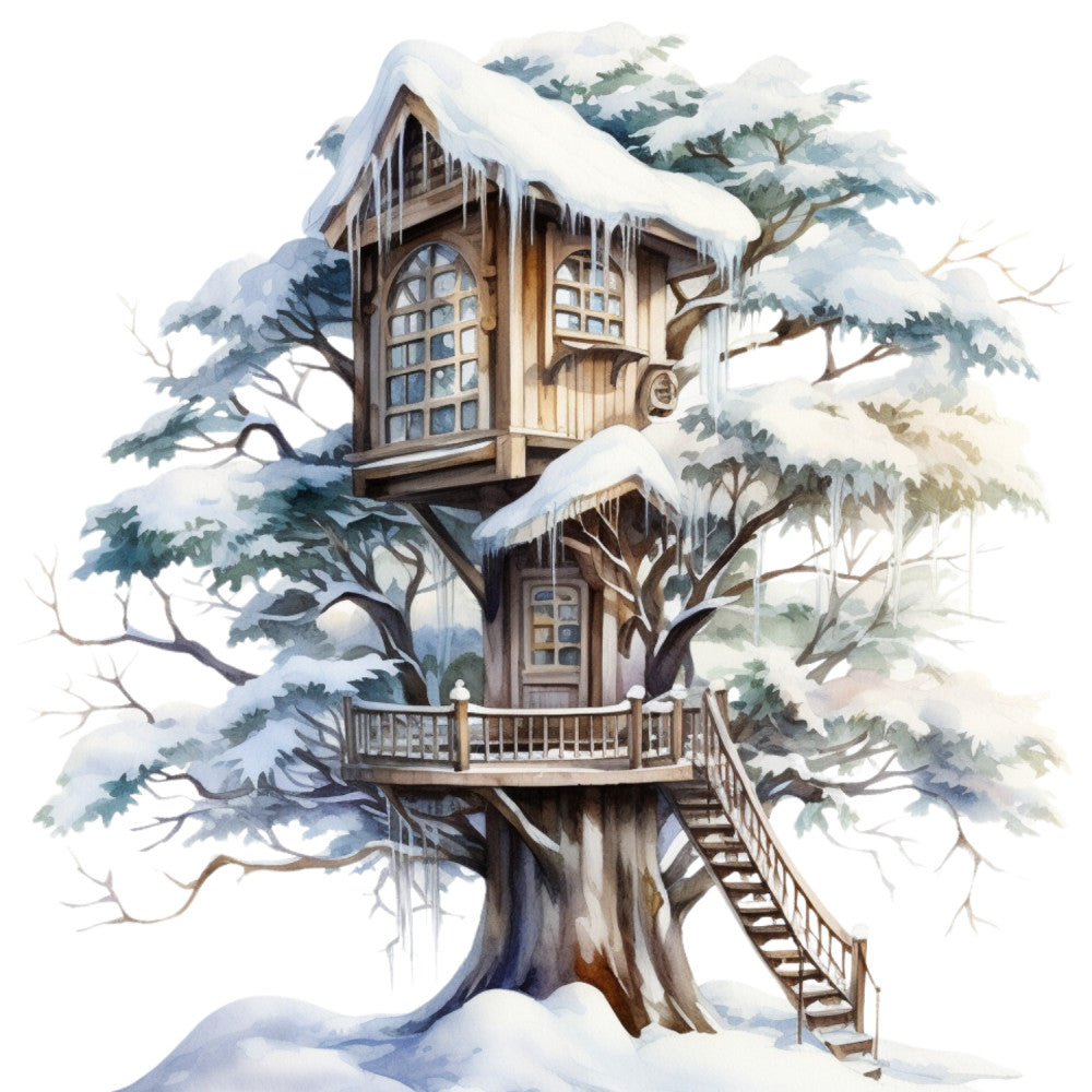 Watercolor Winter Houses Fabric Panel 18